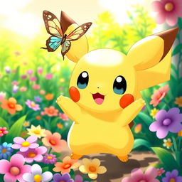 A cute, playful Pichu with large expressive eyes and round cheeks, surrounded by a vibrant and colorful landscape full of flowers and lush greenery