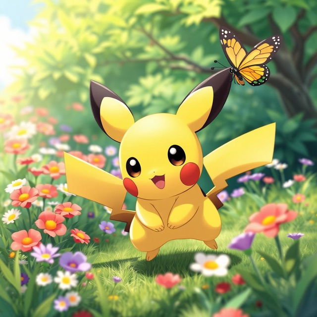 A cute, playful Pichu with large expressive eyes and round cheeks, surrounded by a vibrant and colorful landscape full of flowers and lush greenery