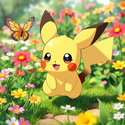 A cute, playful Pichu with large expressive eyes and round cheeks, surrounded by a vibrant and colorful landscape full of flowers and lush greenery
