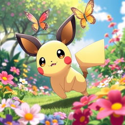 A cute, playful Pichu with large expressive eyes and round cheeks, surrounded by a vibrant and colorful landscape full of flowers and lush greenery