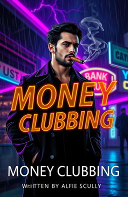 A cinematic book cover titled 'Money Clubbing', prominently featuring a Mexican man in a sleek black overcoat, showcasing a muscular but lean physique