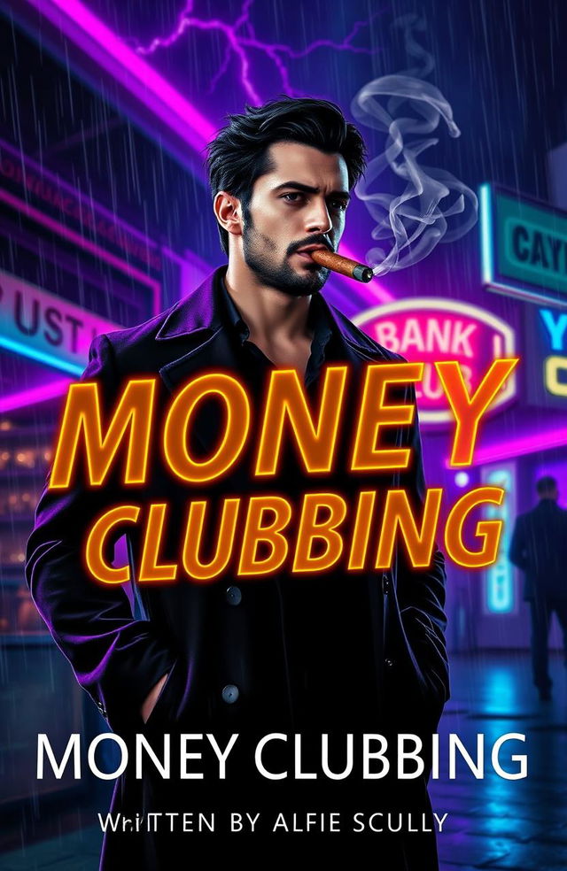 A cinematic book cover titled 'Money Clubbing', prominently featuring a Mexican man in a sleek black overcoat, showcasing a muscular but lean physique