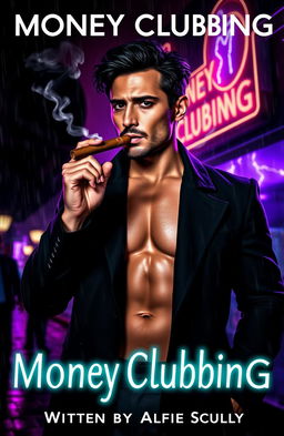 A cinematic book cover titled 'Money Clubbing', prominently featuring a Mexican man in a sleek black overcoat, showcasing a muscular but lean physique
