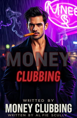 A cinematic book cover titled 'Money Clubbing', prominently featuring a Mexican man in a sleek black overcoat, showcasing a muscular but lean physique