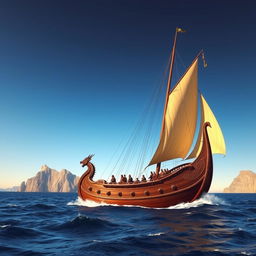 A majestic Viking ship sailing on the open sea, with billowing sails catching the wind