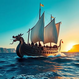A majestic Viking ship sailing on the open sea, with billowing sails catching the wind