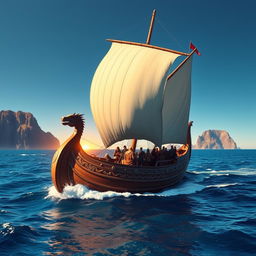 A majestic Viking ship sailing on the open sea, with billowing sails catching the wind