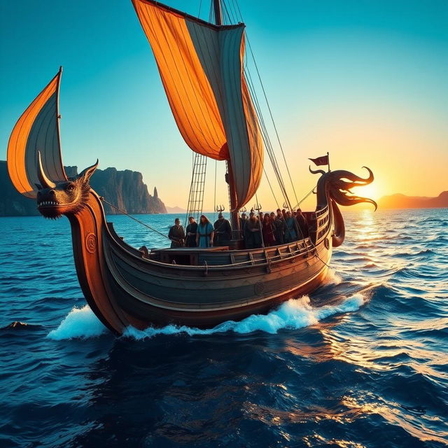 A majestic Viking ship sailing on the open sea, with billowing sails catching the wind