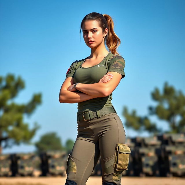 A female soldier in a modern military uniform featuring tight tactical pants, standing confidently with her arms crossed