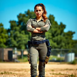 A female soldier in a modern military uniform featuring tight tactical pants, standing confidently with her arms crossed
