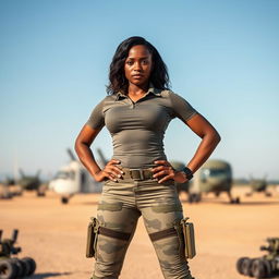 A confident Black female soldier in a modern military uniform, wearing tight tactical pants that highlight her curves