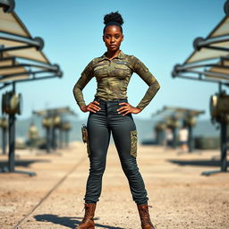 A confident Black female soldier in a modern military uniform, wearing tight tactical pants that highlight her curves