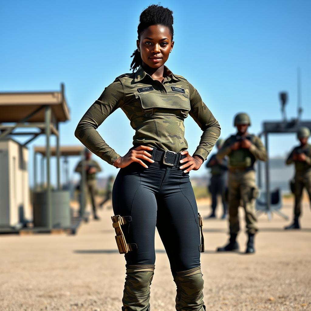A confident Black female soldier in a modern military uniform, wearing tight tactical pants that highlight her curves