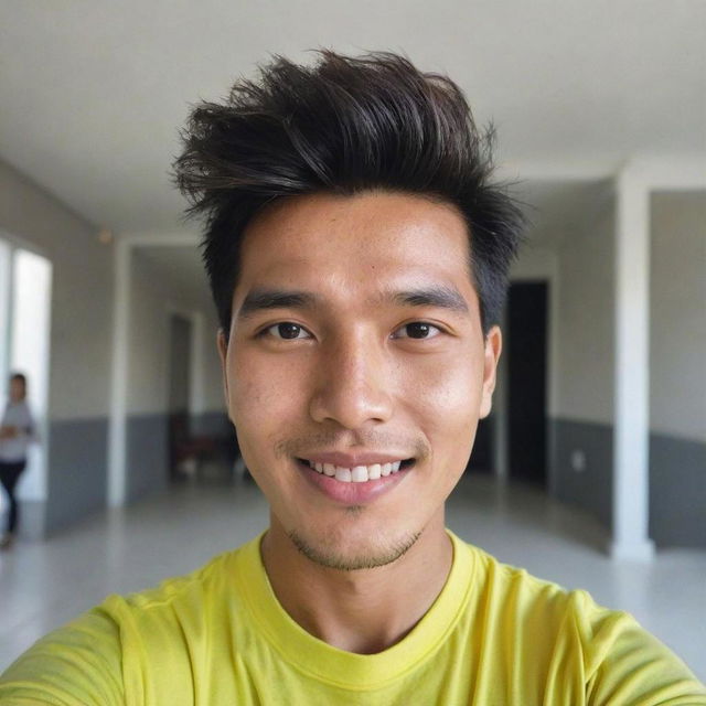 A cheerful young man with short, stylish hair wearing a vibrant yellow t-shirt, smiling warmly as he poses for a self-portrait
