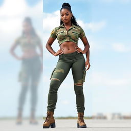 A strong Black female soldier in a modern military uniform, showcasing her powerful physique and confidence