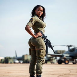 A strong Black female soldier in a modern military uniform, showcasing her powerful physique and confidence