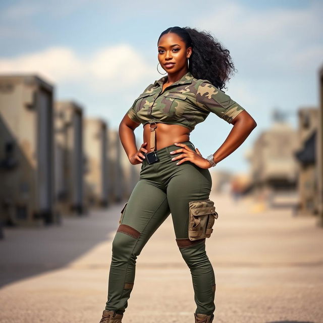 A strong Black female soldier in a modern military uniform, showcasing her powerful physique and confidence