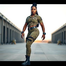 A strong Black female soldier in a modern military uniform, showcasing her powerful physique and confidence