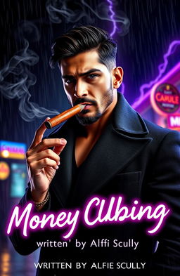 A striking Mexican man of mixed race with a muscular yet lean frame, wearing a stylish black overcoat