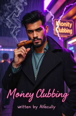 A striking Mexican man of mixed race with a muscular yet lean frame, wearing a stylish black overcoat