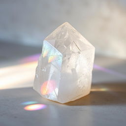 A stunning Iceland spar crystal placed on a smooth surface, beautifully showcasing its unique structure and clarity