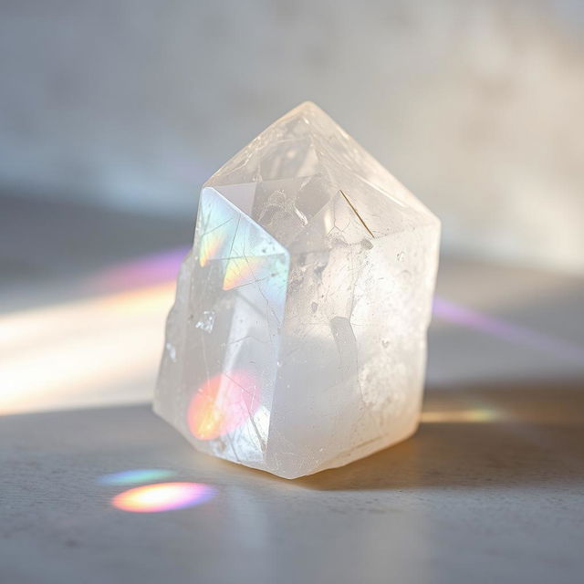 A stunning Iceland spar crystal placed on a smooth surface, beautifully showcasing its unique structure and clarity