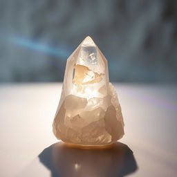 A stunning Iceland spar crystal placed on a smooth surface, beautifully showcasing its unique structure and clarity