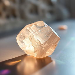 A stunning Iceland spar crystal placed on a smooth surface, beautifully showcasing its unique structure and clarity