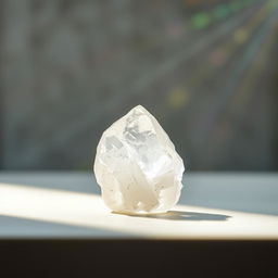 A stunning Iceland spar crystal placed on a smooth surface, beautifully showcasing its unique structure and clarity