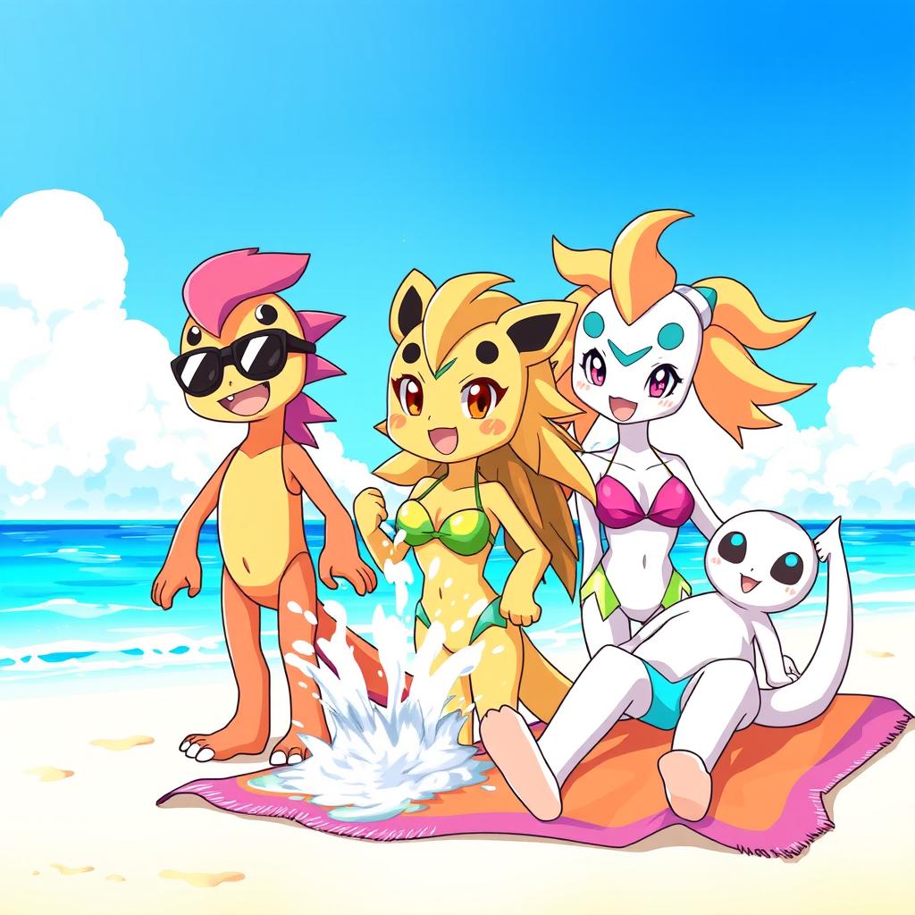 A vibrant and playful scene featuring a few colorful Digimon characters wearing stylish and cute bikinis, enjoying a day at the beach