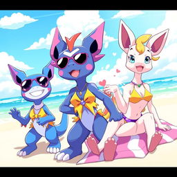 A vibrant and playful scene featuring a few colorful Digimon characters wearing stylish and cute bikinis, enjoying a day at the beach