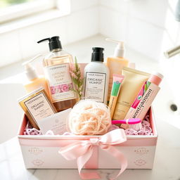 A beautifully arranged gift box filled with various personal hygiene items