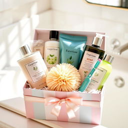 A beautifully arranged gift box filled with various personal hygiene items