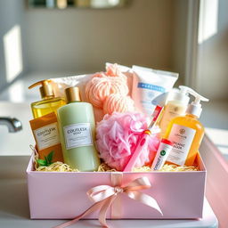 A beautifully arranged gift box filled with various personal hygiene items