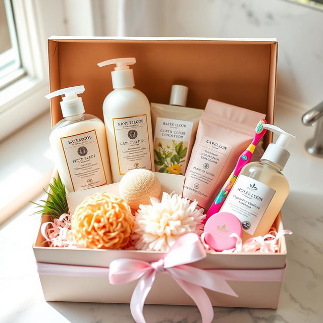 A beautifully arranged gift box filled with various personal hygiene items