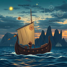 An informative and artistic depiction of Vikings using traditional navigation techniques long before the advent of GPS