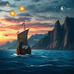 An informative and artistic depiction of Vikings using traditional navigation techniques long before the advent of GPS