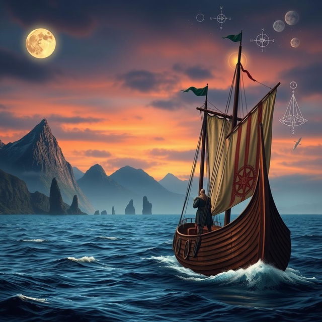 An informative and artistic depiction of Vikings using traditional navigation techniques long before the advent of GPS