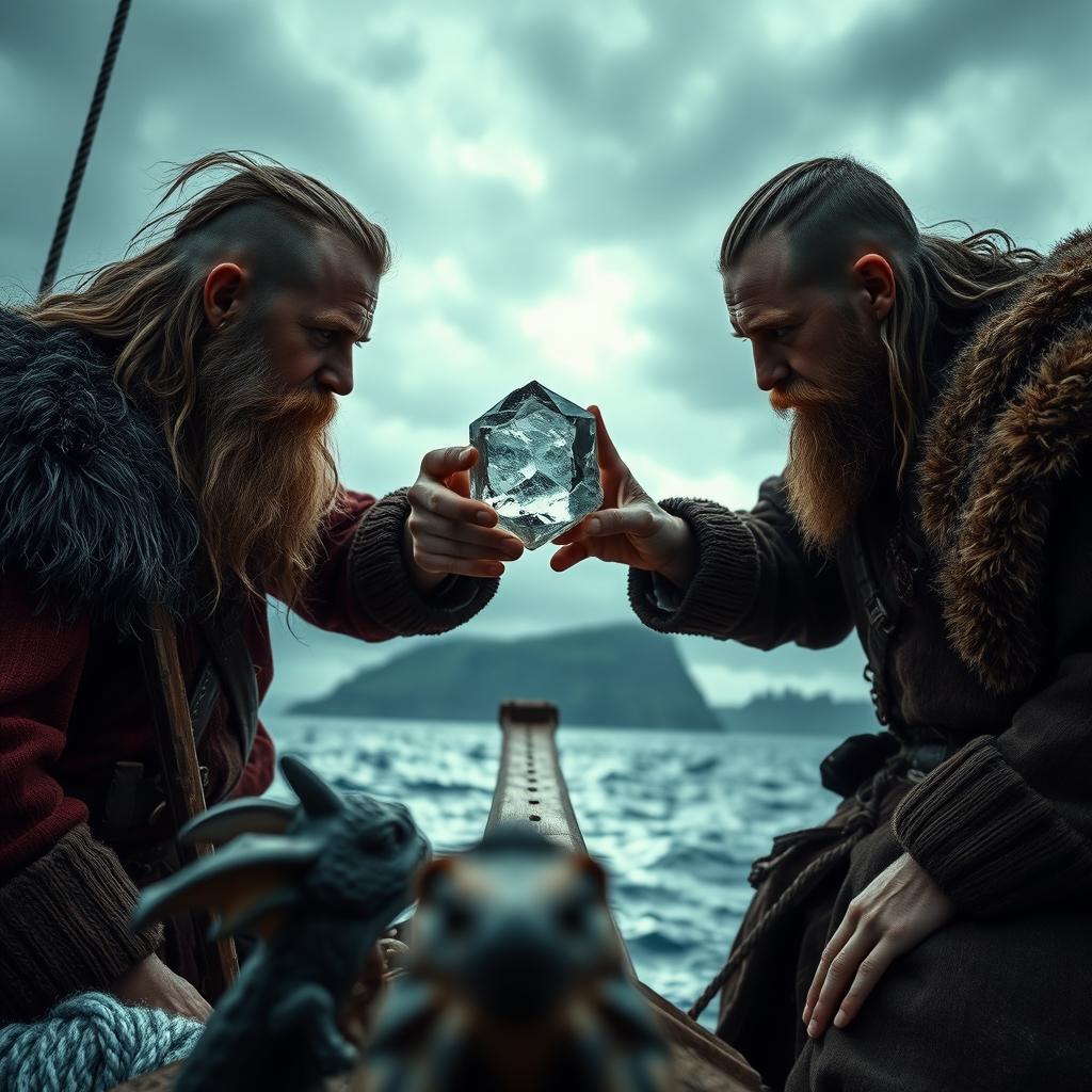 A dramatic scene of Vikings using a sunstone under a cloudy sky, showcasing their navigation skills