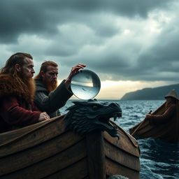A dramatic scene of Vikings using a sunstone under a cloudy sky, showcasing their navigation skills