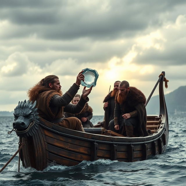 A dramatic scene of Vikings using a sunstone under a cloudy sky, showcasing their navigation skills