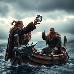 A dramatic scene of Vikings using a sunstone under a cloudy sky, showcasing their navigation skills