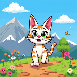 An 8-bit pixel art cat character walking confidently towards an exciting adventure