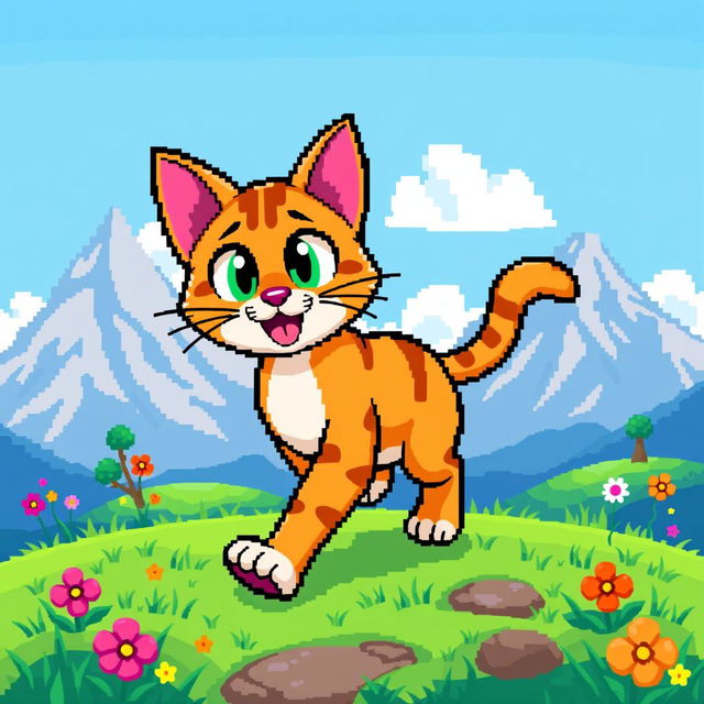 An 8-bit pixel art cat character walking confidently towards an exciting adventure