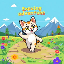 An 8-bit pixel art cat character walking confidently towards an exciting adventure