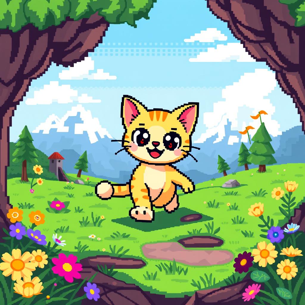 An 8-bit pixel art cat character walking confidently towards an exciting adventure