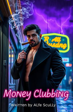 A ruggedly handsome mixed-race Mexican man with a muscular yet lean frame, wearing a black overcoat, stands confidently outside a nightclub