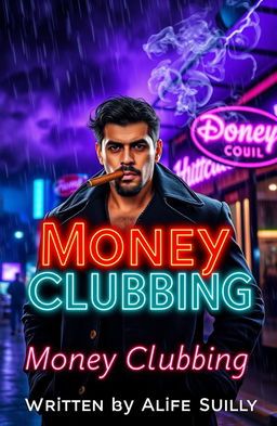 A ruggedly handsome mixed-race Mexican man with a muscular yet lean frame, wearing a black overcoat, stands confidently outside a nightclub