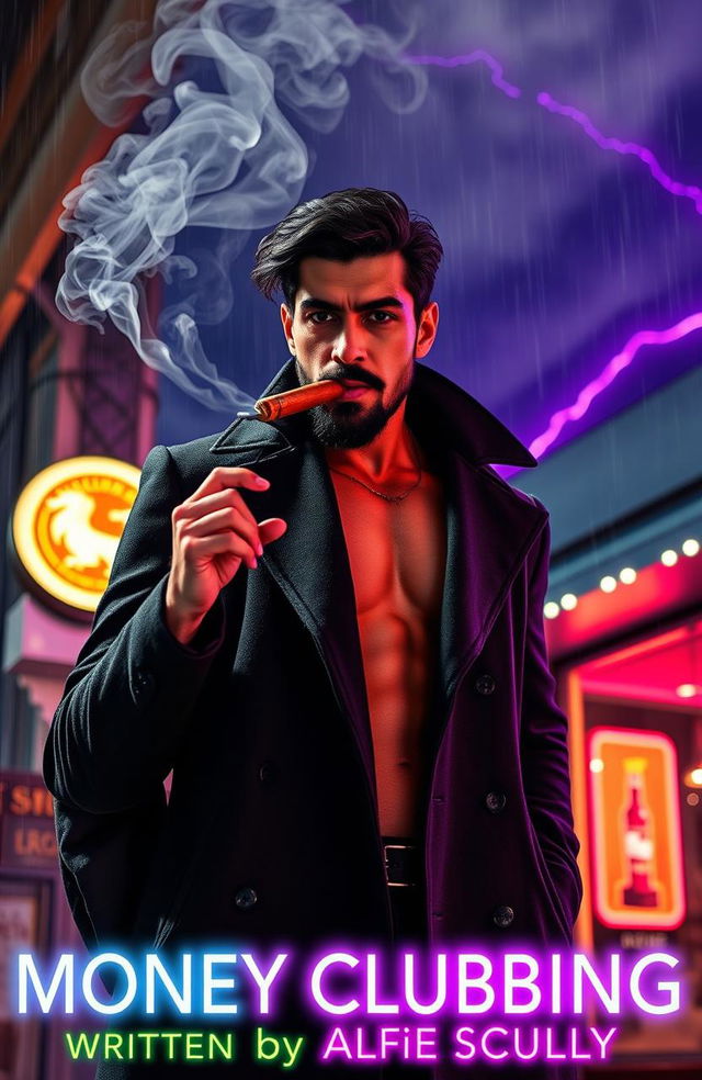 A ruggedly handsome mixed-race Mexican man with a muscular yet lean frame, wearing a black overcoat, stands confidently outside a nightclub