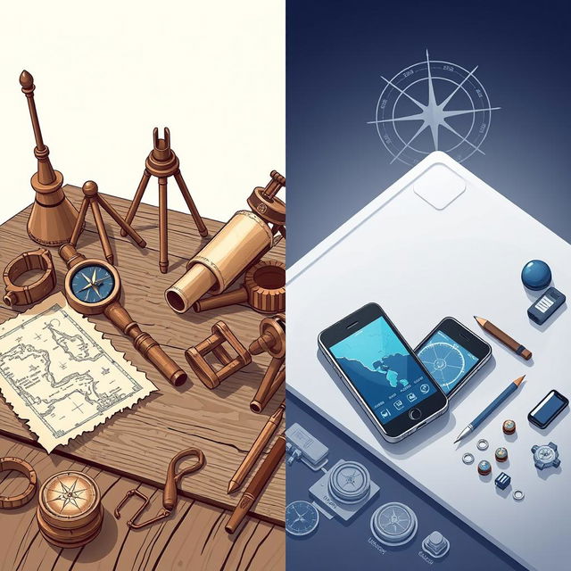 An illustrative comparison of ancient and modern navigation tools displayed side by side